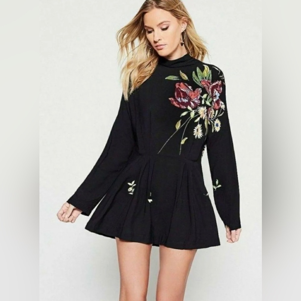 Free People Gemma Black Floral Tunic Dress